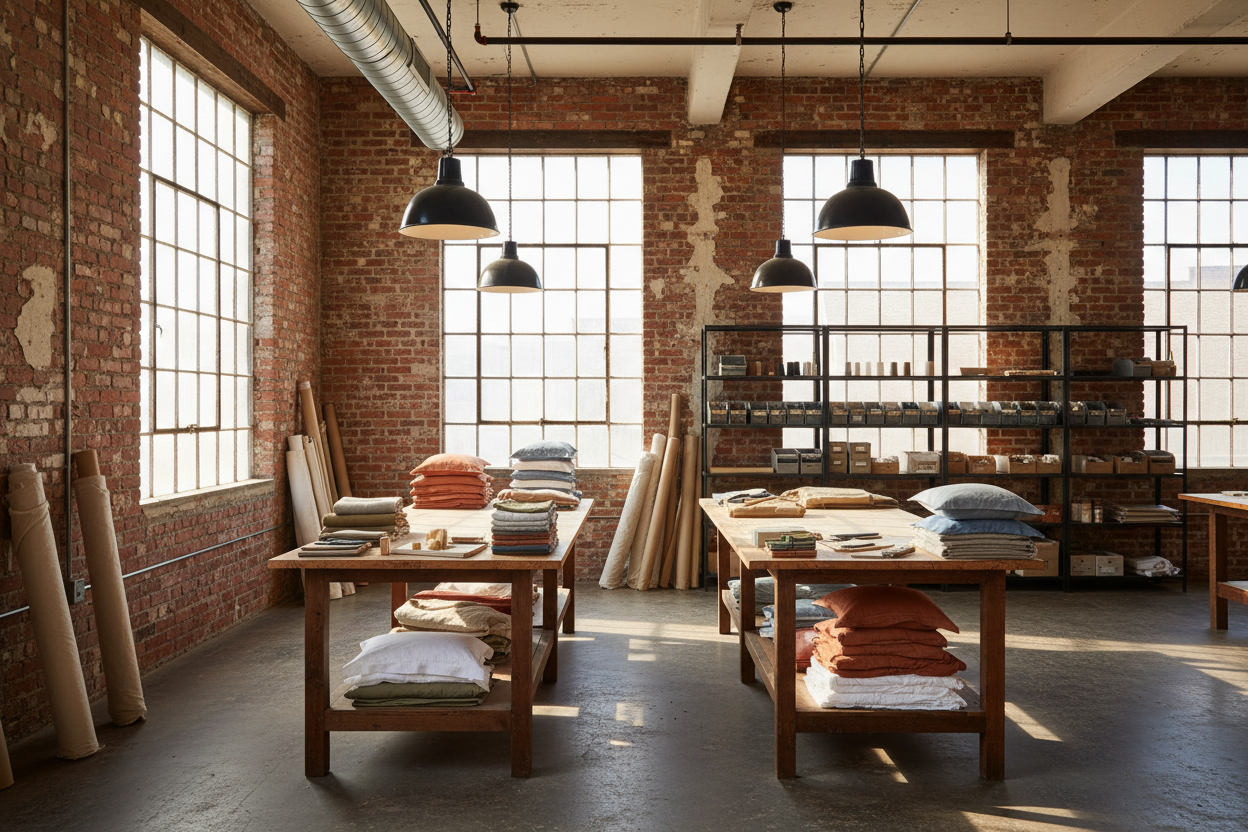 Modern interior design showroom with wooden tables, upholstered chairs, and large windows.