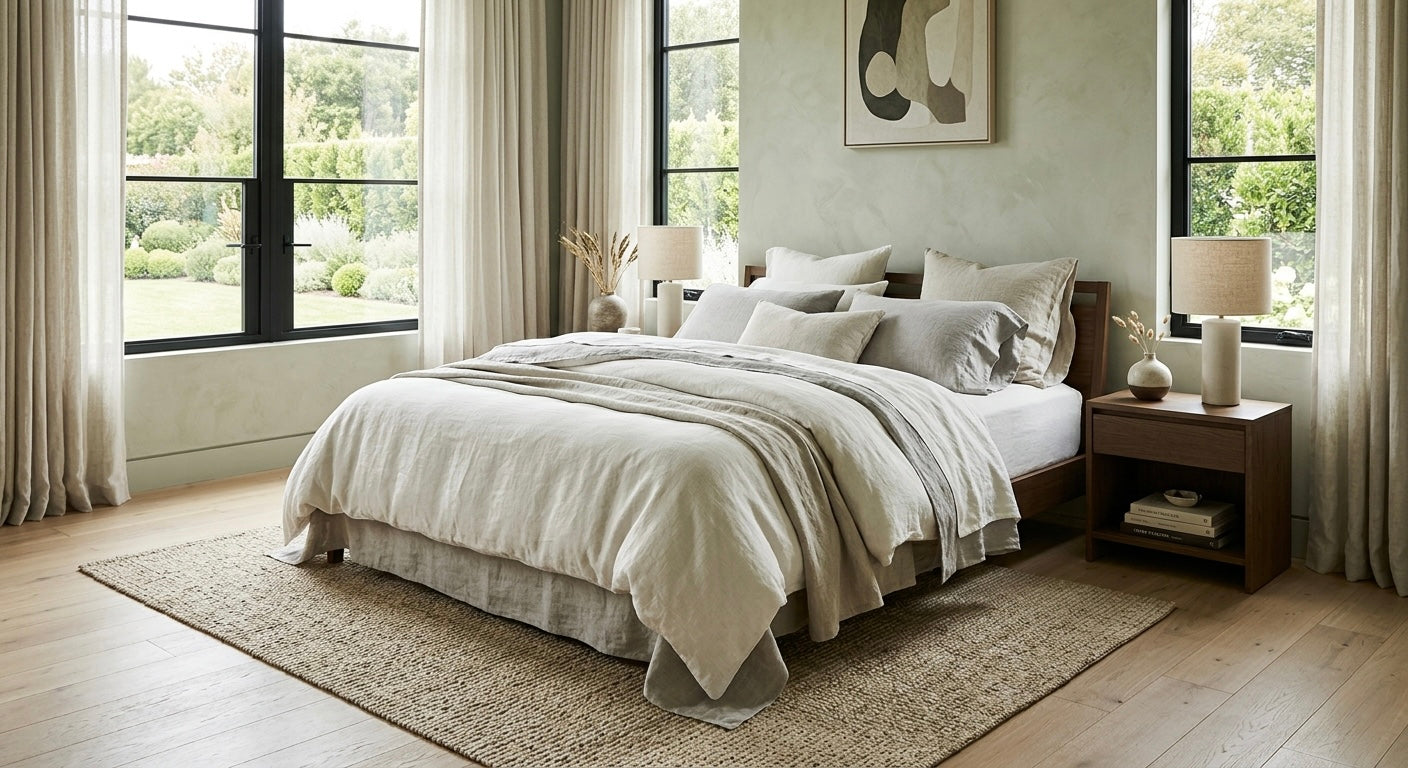 a photo of a tranquil bedroom with a bed and a night stand, the walls are pale green color, the windows are dark metal and glass, the drapes are neutral and the bedding is made of linen