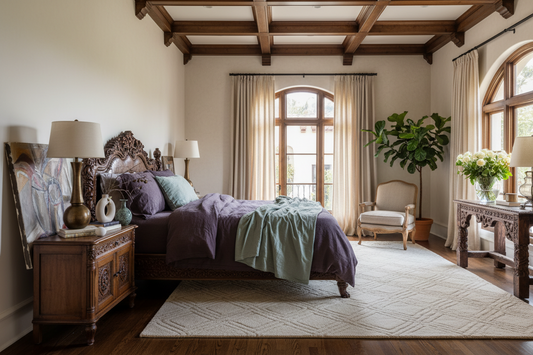 Cozy bedroom with wooden beams, large windows, and a bed with stonewashed purple linen bedding.