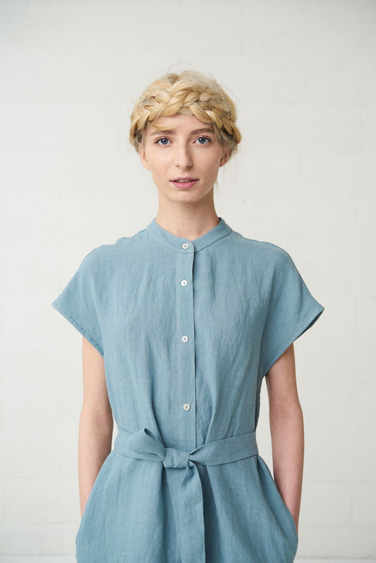 Linen dress MIYAKO, washed softened linen shirtdress, linen clothing, summer linen day dress, dusty blue dress, eco friendly linen dress