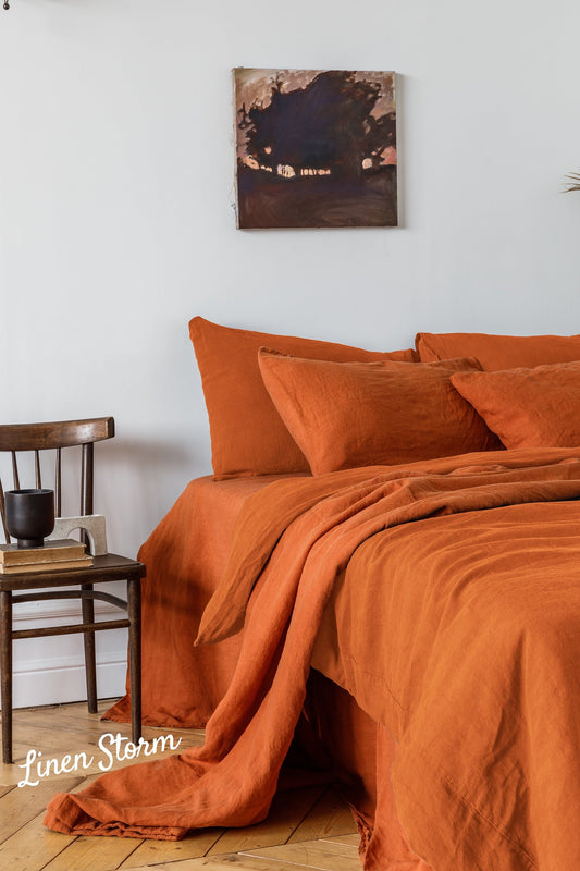 Linen duvet cover in Burnt Orange color. Stonewashed linen bedding. Custom size linen sheets, various colors bedding