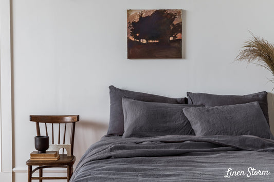 Linen duvet cover in dark gray/Graphite color. Stonewashed linen bedding. Custom size linen sheets, Twin, Full, Double, Queen, King sizes