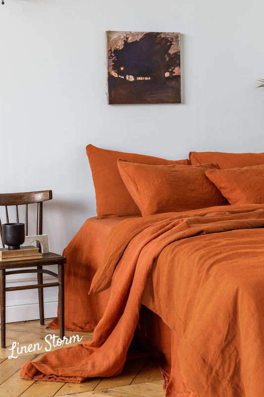 Linen bedding set, Duvet cover + 2 Pillowcases in Burnt Orange color, King, Queen, Twin, Double stonewashed linen bedding