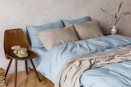 Linen bedding set, Duvet cover + 2 Pillowcases in Sky Blue color, King, Queen, Twin, Double