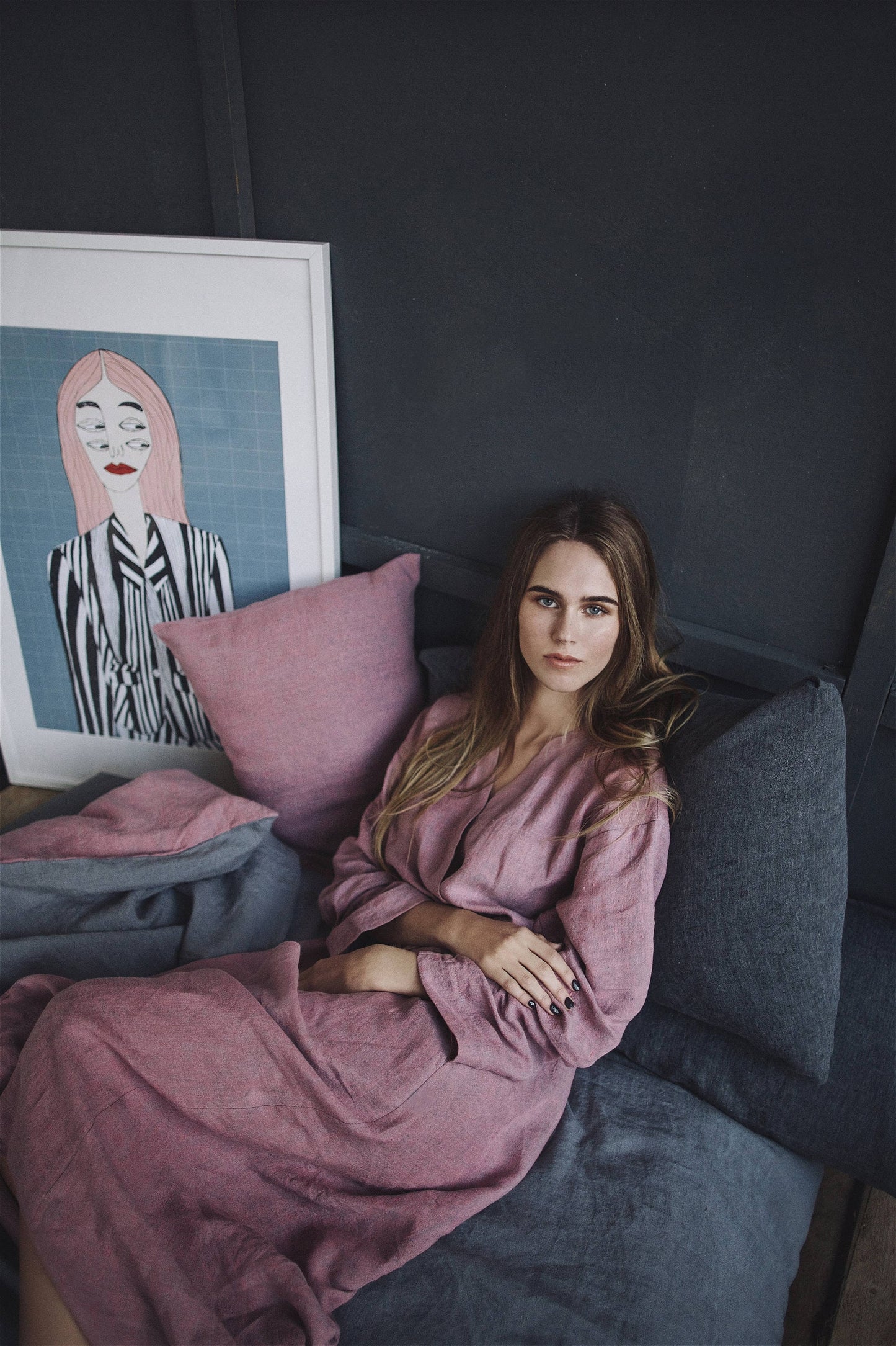 Linen bathrobe with pockets, soft linen robe, linen kimono, long morning gown, linen robe for women. Stonewashed linen robe