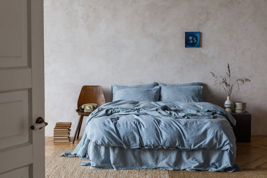 Linen sheet set in Sky Blue color. Flat sheet, fitted sheet, 2 pillowcases