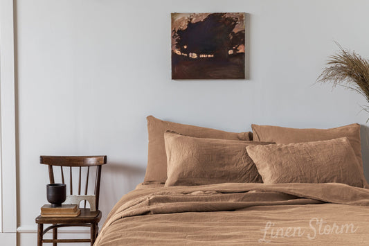 Linen sheet set in Sand Beige/Latte color. Flat sheet, fitted sheet, 2 pillowcases