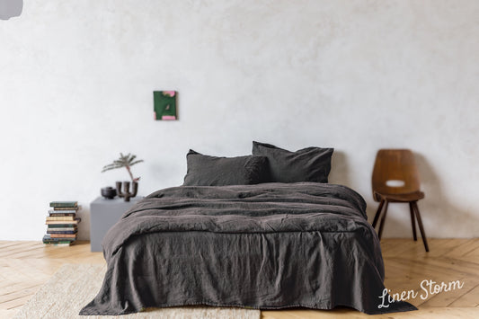 Linen bedding SET, Duvet cover + 2 Pillowcases in Graphite (Dark Gray). Available in King, Queen, Twin, Double, hand dyed stonewashed soft