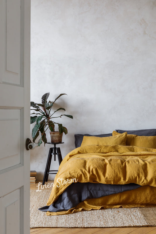 Linen sheet set in Mustard Yellow color. Flat sheet, fitted sheet, 2 pillowcases