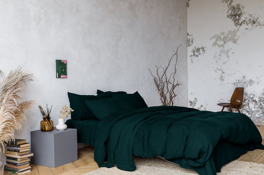 Linen bedding set 3 pieces, Duvet cover + 2 Pillowcases in Emerald Green color. Handmade washed linen set in Twin, Double, Queen, King sizes