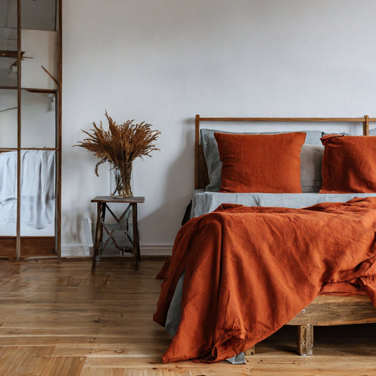 Linen bedding set, Duvet cover + 2 Pillowcases in Burnt Orange color. Available in King, Queen, Twin, Double and CUSTOM sizes