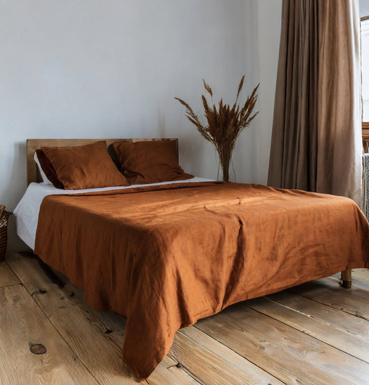 Linen BEDDING SET: Duvet cover + 2 pillowcases in Cinnamon color, CUSTOM sizes King, Queen, Twin, Double, Stonewashed hand-dyed linen