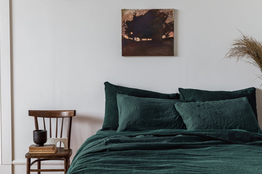 Linen bedding set 3 pieces, Duvet cover + 2 Pillowcases in Emerald Green color. Handmade washed linen set in Twin, Double, Queen, King sizes