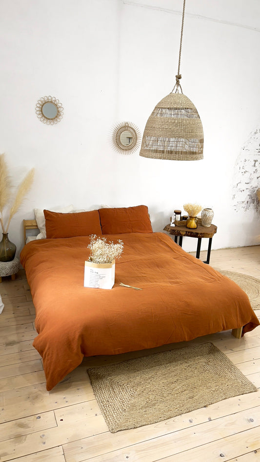Linen BEDDING SET duvet cover + 2 pillowcases in Burnt Orange color, handmade natural linen, queen, king, twin, double duvet cover set
