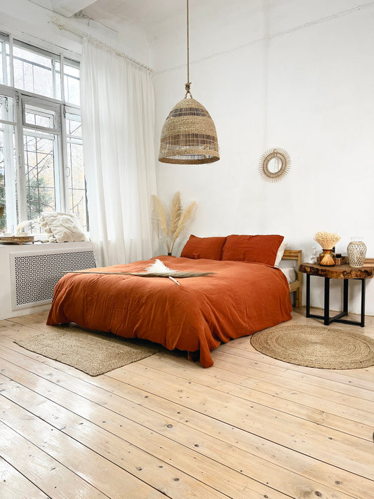 Linen BEDDING SET duvet cover + 2 pillowcases in Burnt Orange color, handmade natural linen, queen, king, twin, double duvet cover set