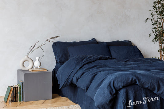 Linen bedding set, Duvet cover + 2 Pillowcases in Navy Blue color, King, Queen, Twin, Double hand dyed stonewashed linen bedding