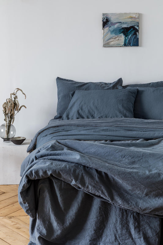 Linen duvet cover in Charcoal Blue color. Custom sizes, hand dyed stonewashed linen bedding. King, Queen, Twin, Double