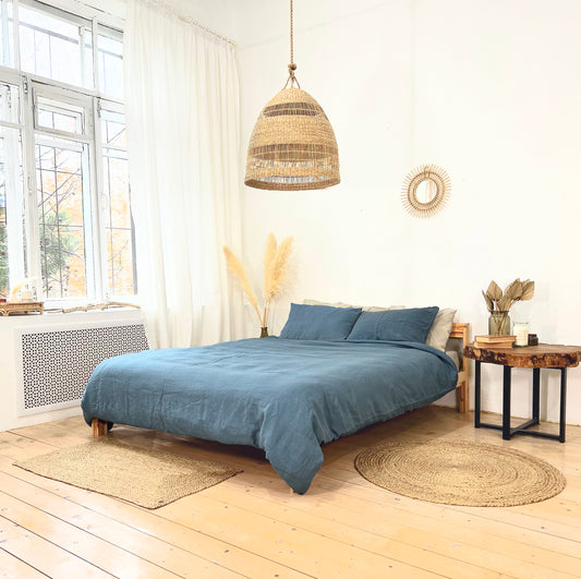 Linen BEDDING SET duvet cover + 2 pillowcases set in Steel Blue color - flax hand dyed stonewashed bedding, queen, king, double duvet set