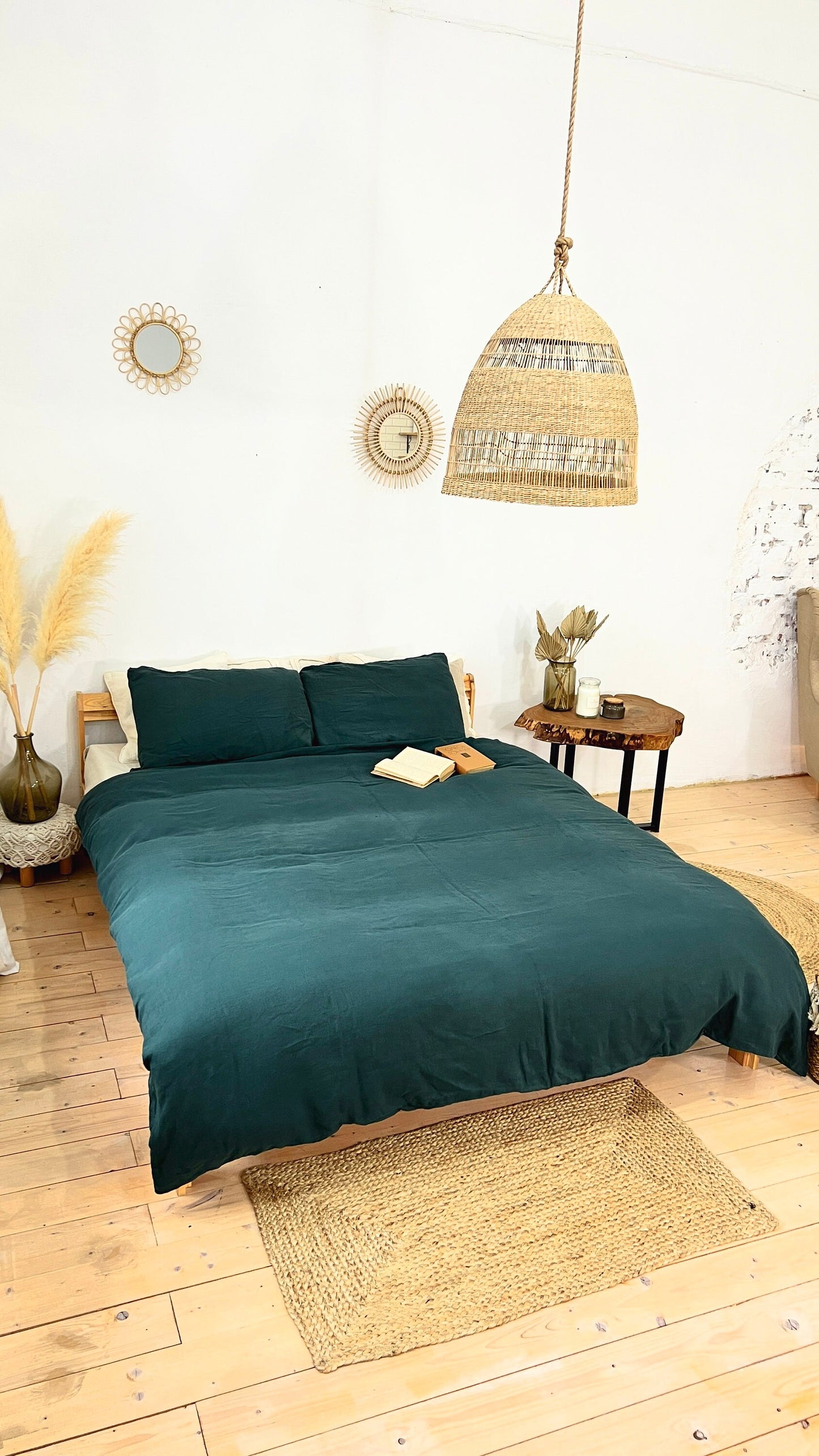 Linen BEDDING SET duvet cover + 2 pillowcases set in Forest Green color - flax hand dyed stonewashed bedding, queen, king, double duvet set