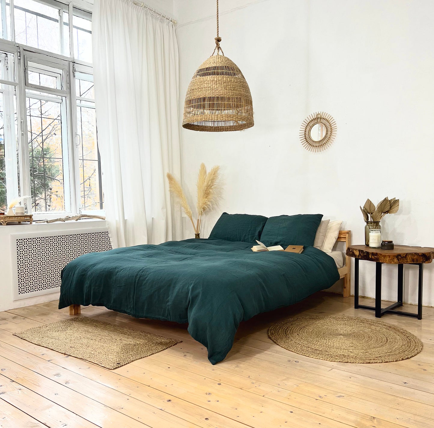 Linen BEDDING SET duvet cover + 2 pillowcases set in Forest Green color - flax hand dyed stonewashed bedding, queen, king, double duvet set