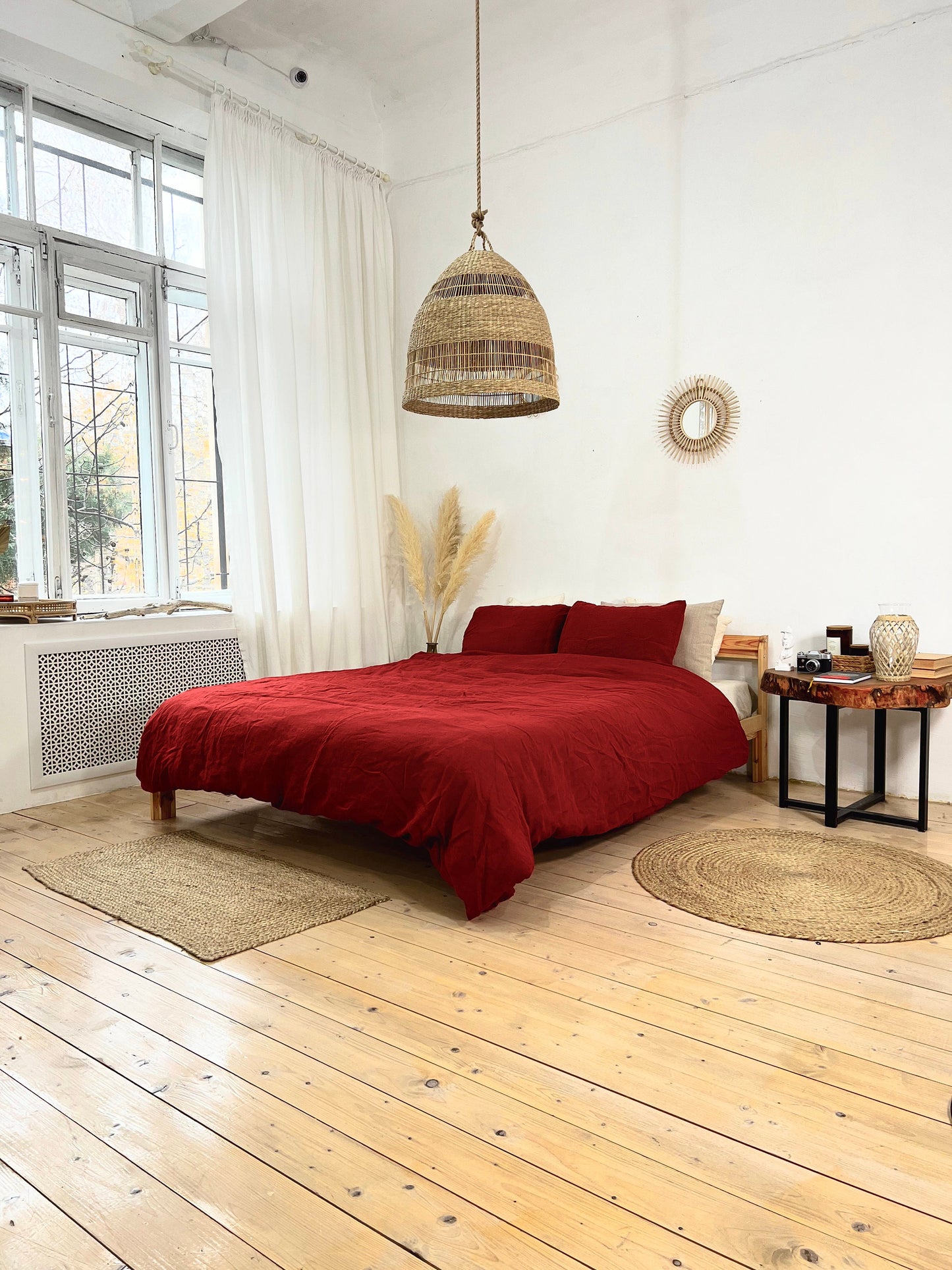 Linen BEDDING SET duvet cover + 2 pillowcases set in Fire Brick Red color - flax hand dyed stonewashed bedding, queen, king duvet set