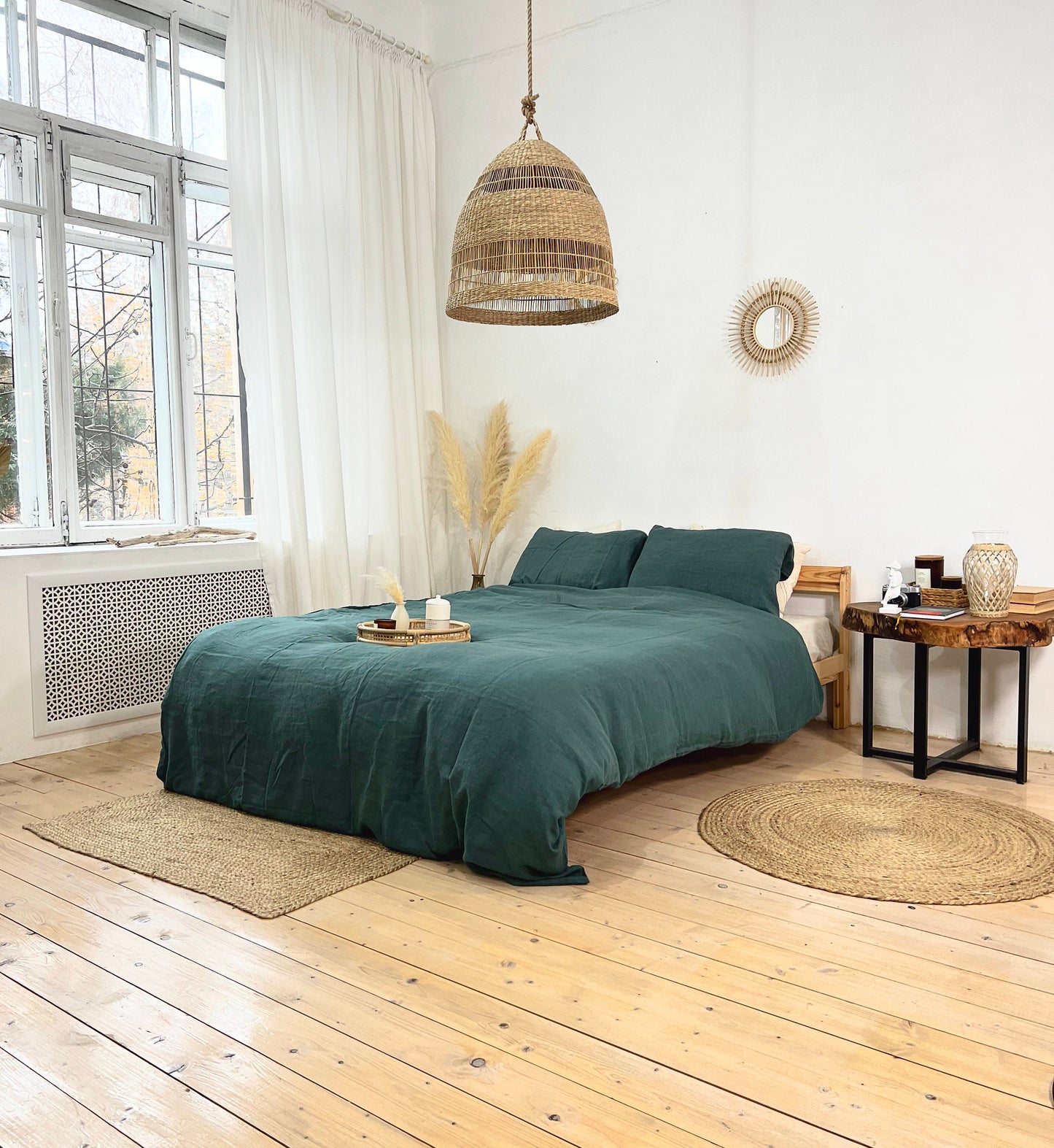 Linen BEDDING SET duvet cover + 2 pillowcases set in Dusty Green color - hand dyed stonewashed bedding, queen, king, double duvet cover set