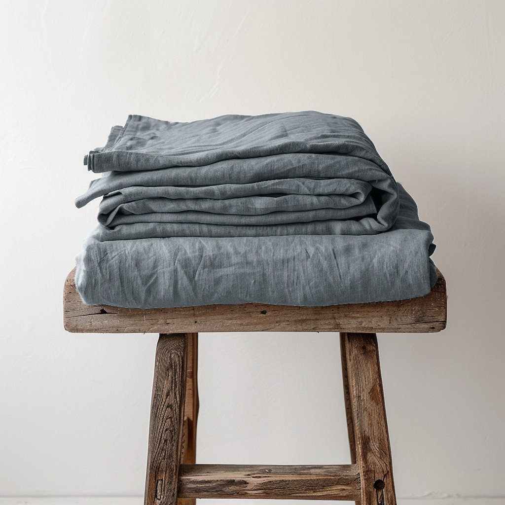 Linen BEDDING SET duvet cover + 2 pillowcases set in Gray Blue color - flax hand dyed stonewashed bedding, queen, king, double duvet set