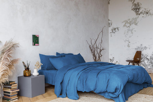 Linen sheet set in Dusty Blue color. Flat sheet, fitted sheet, 2 pillowcases organic custom linen bedding stonewashed and hand dyed