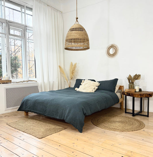 Linen BEDDING SET duvet cover + 2 pillowcases set in Space Blue color - flax hand dyed stonewashed bedding, queen, king, double duvet set