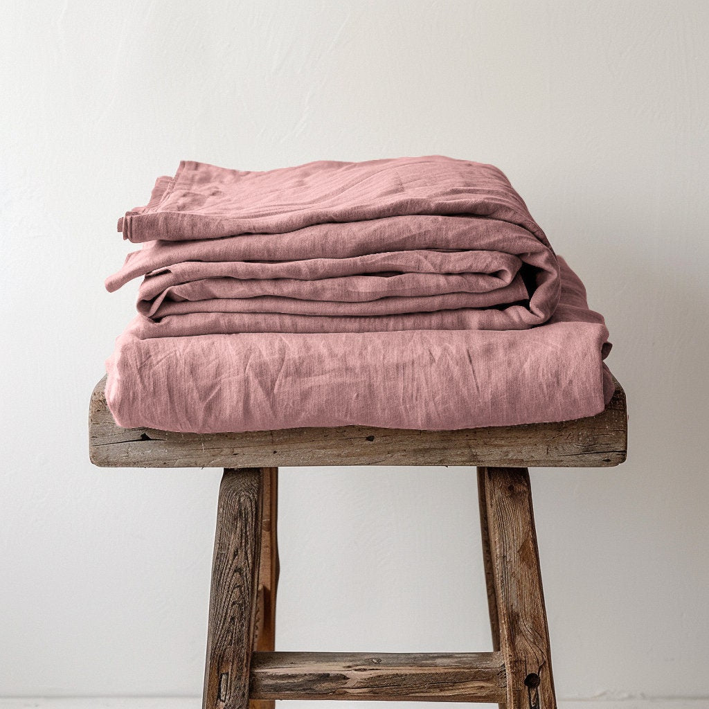Linen BEDDING SET duvet cover + 2 pillowcases set in Rose Pink color - flax hand dyed stonewashed bedding, queen, king, double duvet set