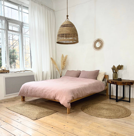 Linen BEDDING SET duvet cover + 2 pillowcases set in Rose Pink color - flax hand dyed stonewashed bedding, queen, king, double duvet set