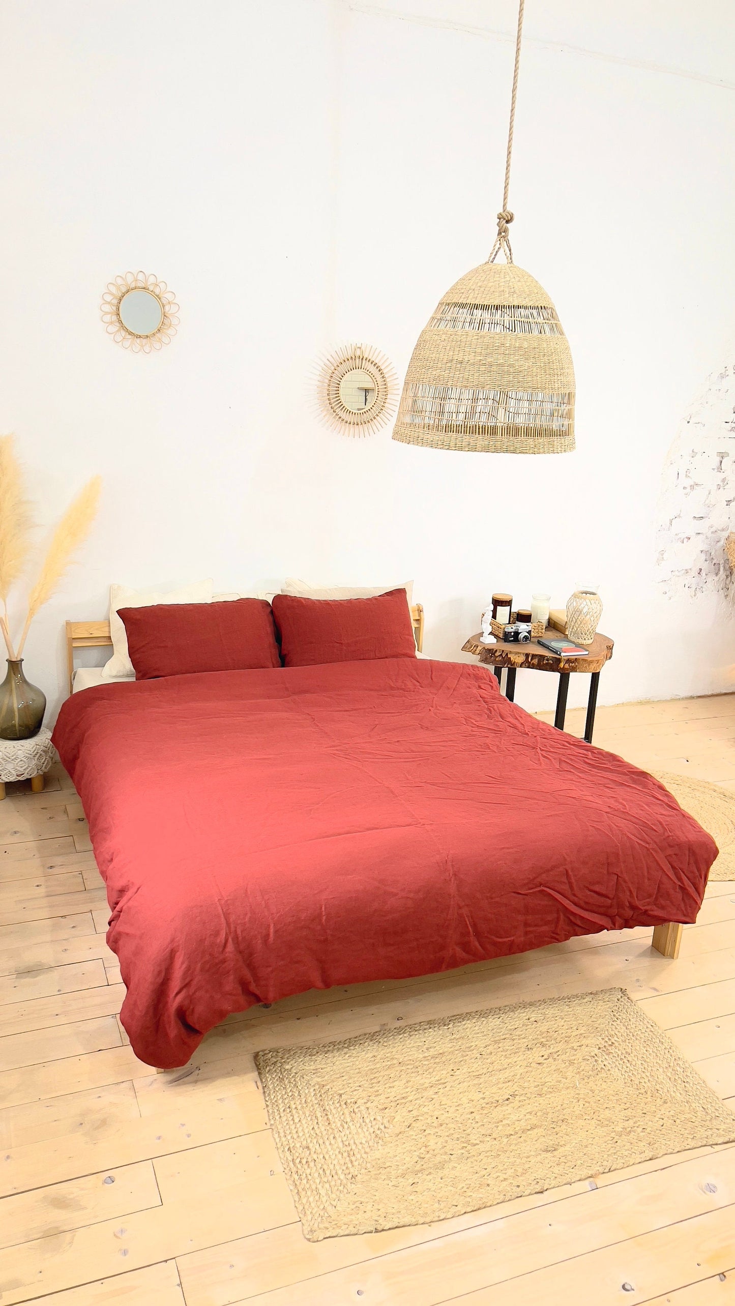 Linen BEDDING SET duvet cover + 2 pillowcases set in Fire Brick Red color - flax hand dyed stonewashed bedding, queen, king duvet set