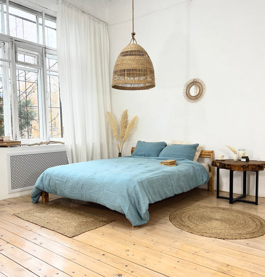 Linen BEDDING SET duvet cover + 2 pillowcases set in Sky Blue color - hand dyed stonewashed bedding, queen, king, double duvet cover set