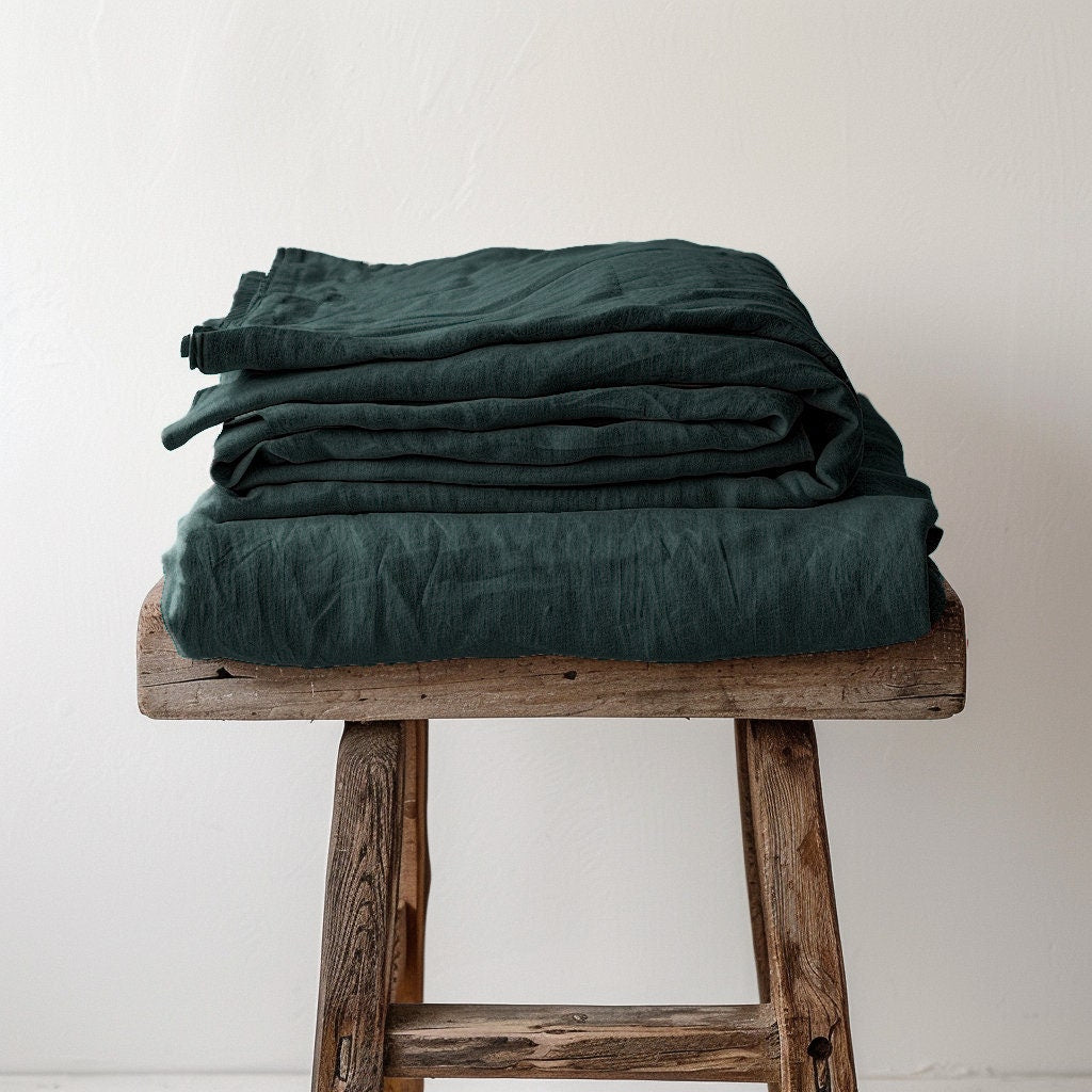 Linen BEDDING SET duvet cover + 2 pillowcases set in Dusty Green color - hand dyed stonewashed bedding, queen, king, double duvet cover set