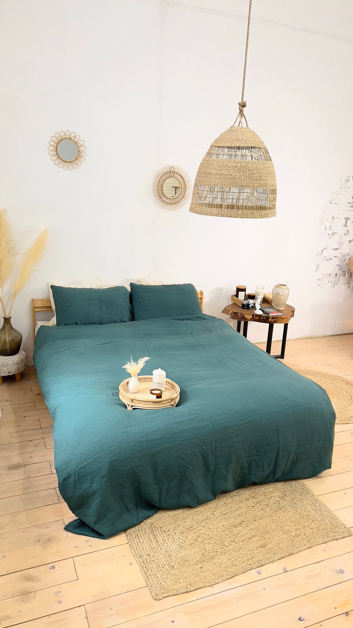 Linen BEDDING SET duvet cover + 2 pillowcases set in Dusty Green color - hand dyed stonewashed bedding, queen, king, double duvet cover set