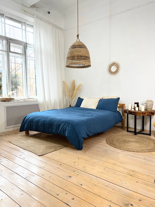 Linen BEDDING SET duvet cover + 2 pillowcases set in Sea Blue color - flax hand dyed stonewashed bedding, queen, king, double duvet set