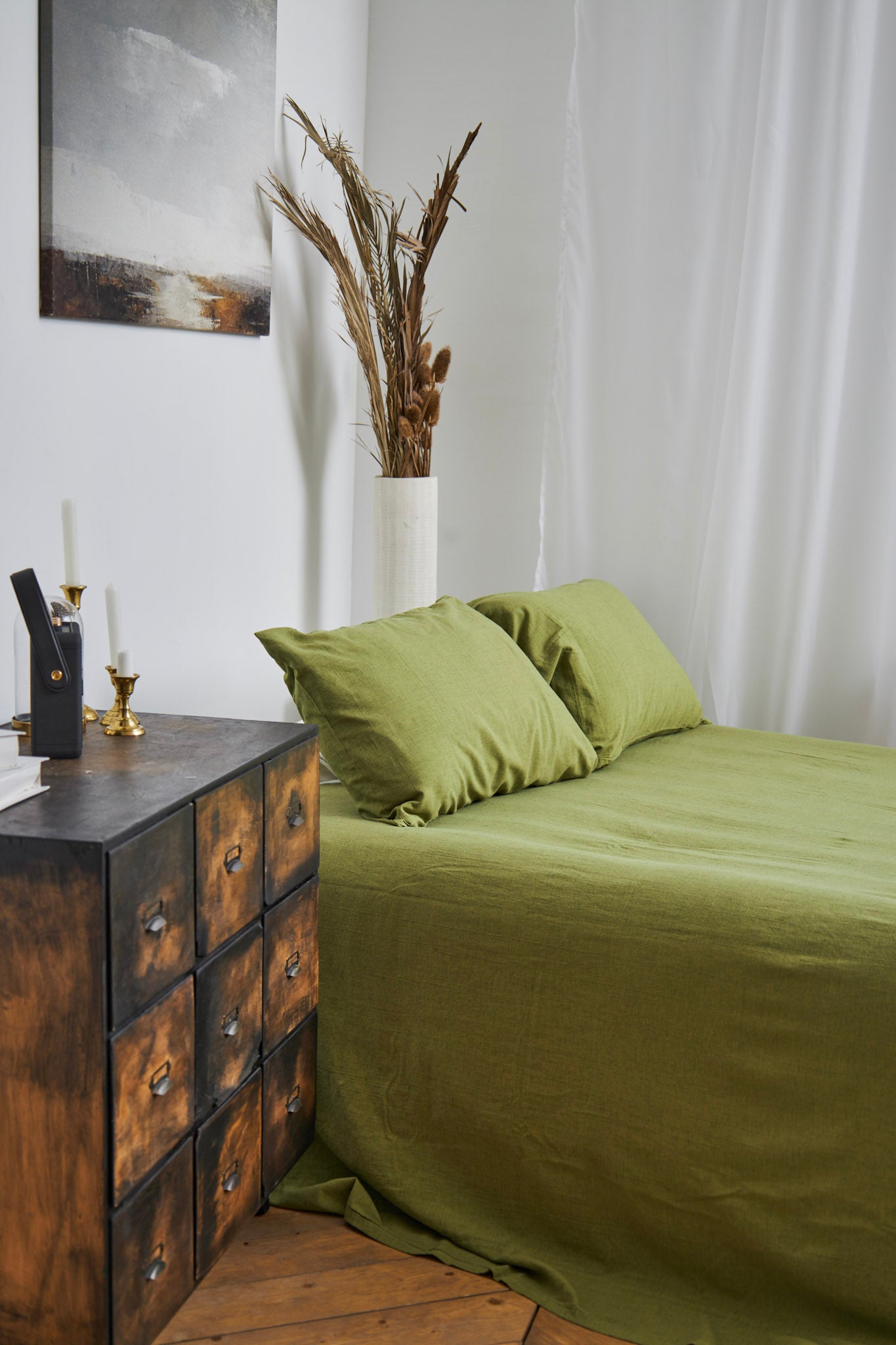 Moss Green Linen Bedding Set | Stonewashed & Garment Dyed